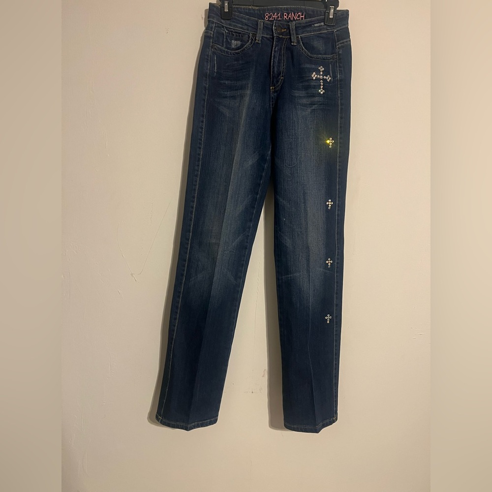 Stylish Dark Blue Boot Cut Jeans with Cross Details